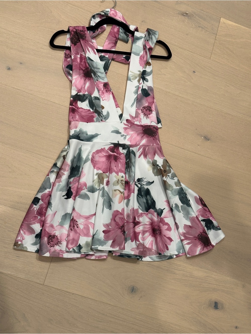 Floral Pink & White Mini Dress with Cross-Back Straps